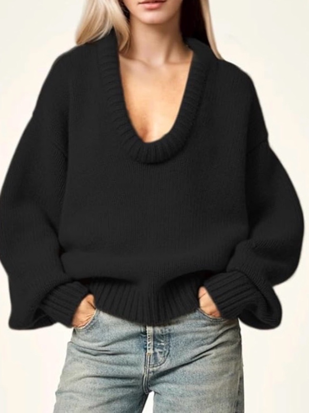 Amazon Black Deep V-Neck Oversized Knit Sweater